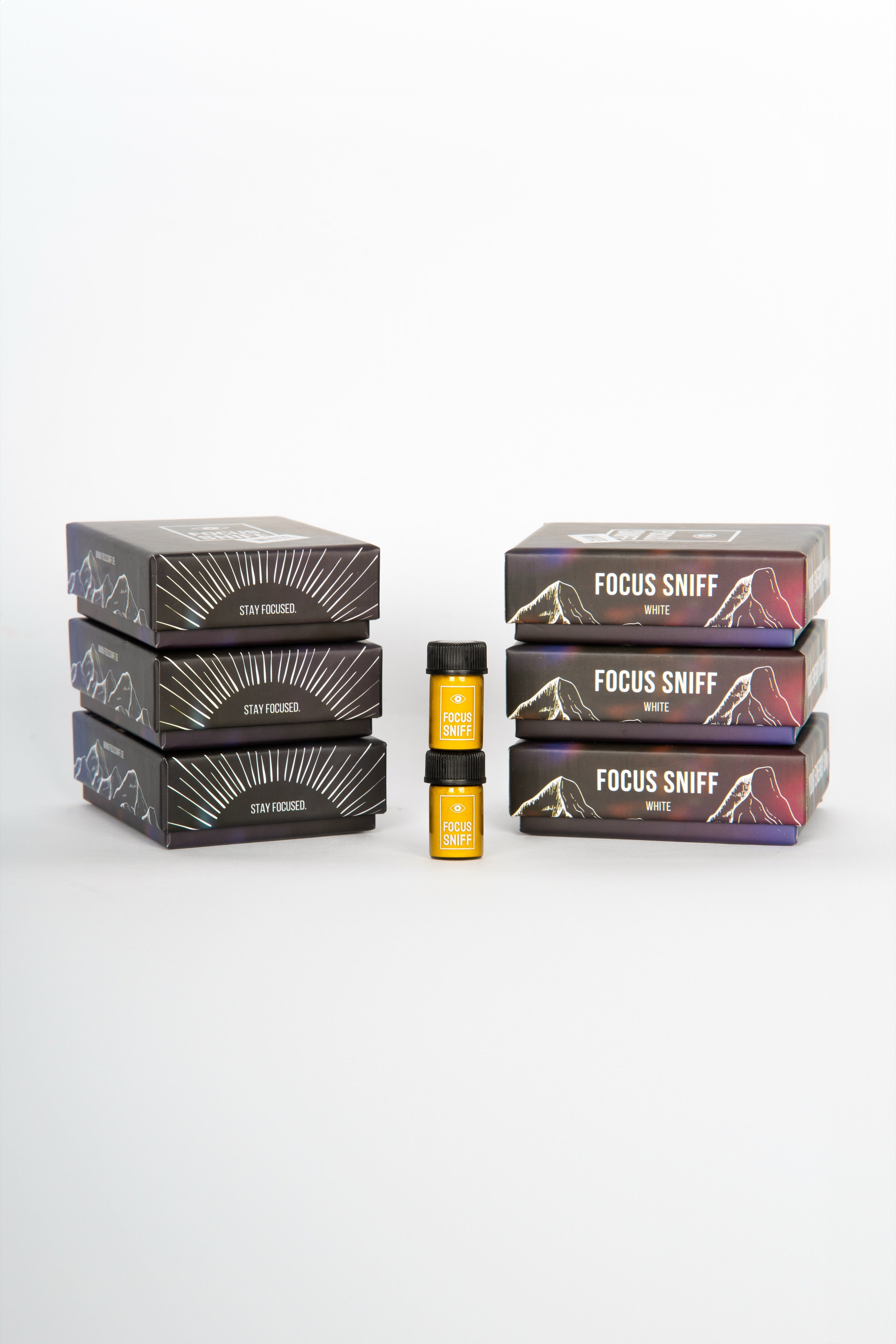 Focus Sniff White 6er Pack - Sechs gelbe Flaschen Energie-Booster in Premium-Verpackung mit Guarana, Koffein und Mentol