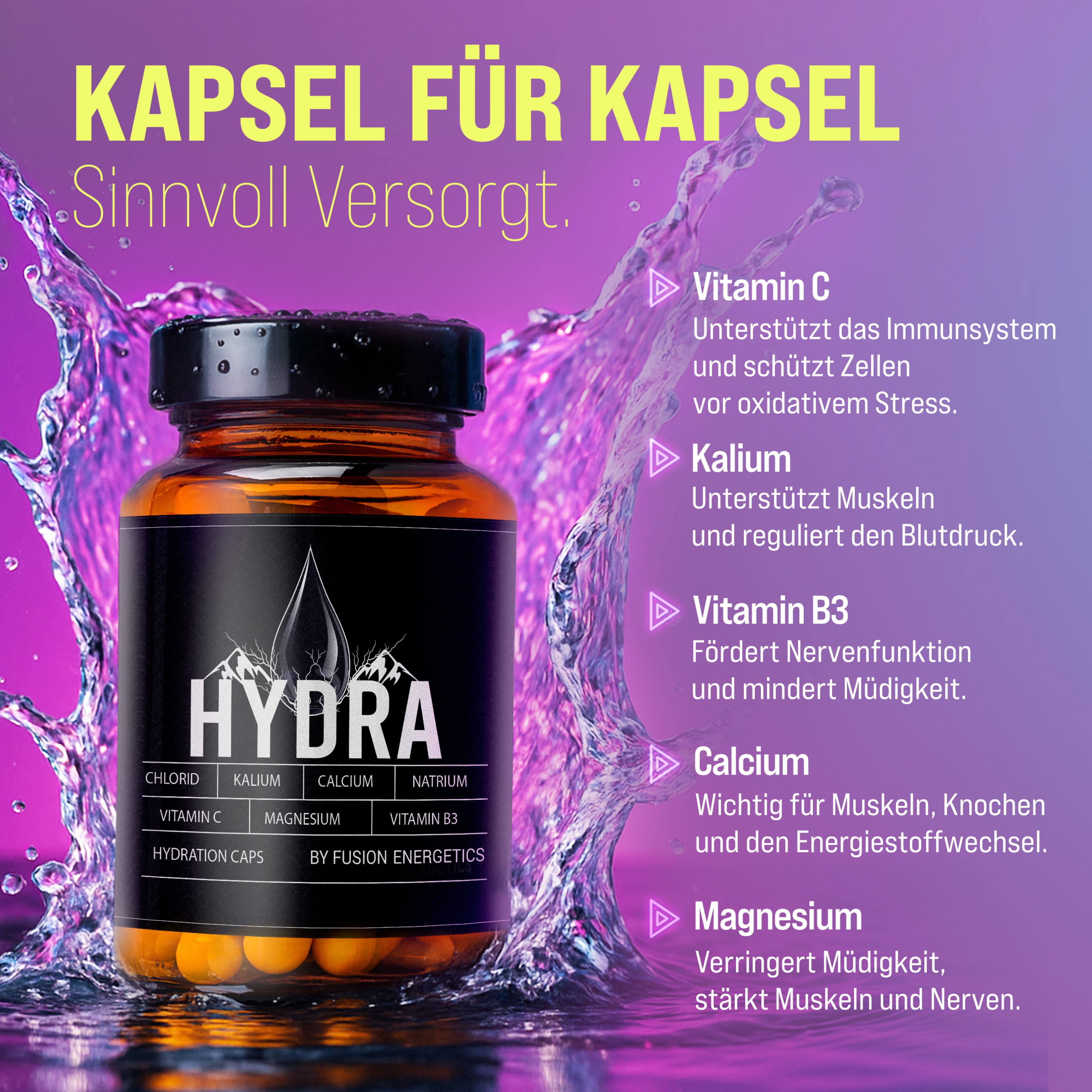 Hydra Caps Elektrolyt-Komplex - Mit Kalium, Calcium, Natrium, Magnesium, Vitamin C und Niacin für Immunsystem und Energiestoffwechsel