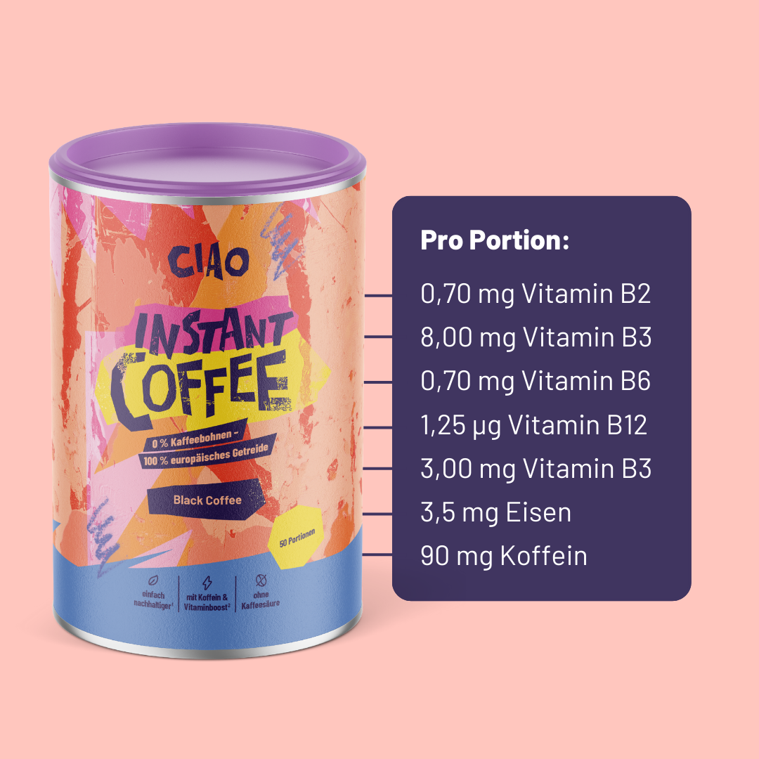 Ciao Coffee Portionsgröße - 90mg Koffein, Eisen und Vitamine pro Portion in magenschonender Instant-Form
